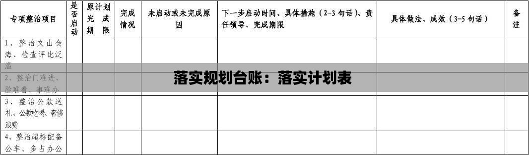 落實規劃臺賬：落實計劃表 