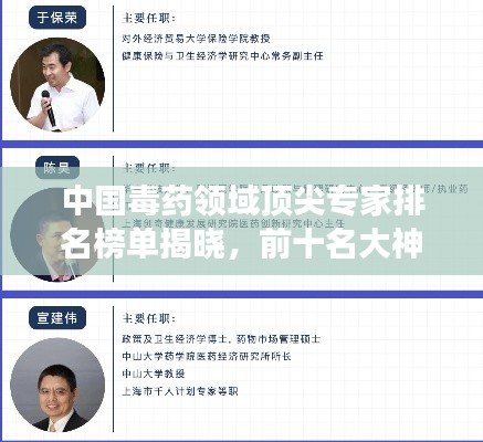 中國毒藥領域頂尖專家排名榜單揭曉，前十名大神風采展示